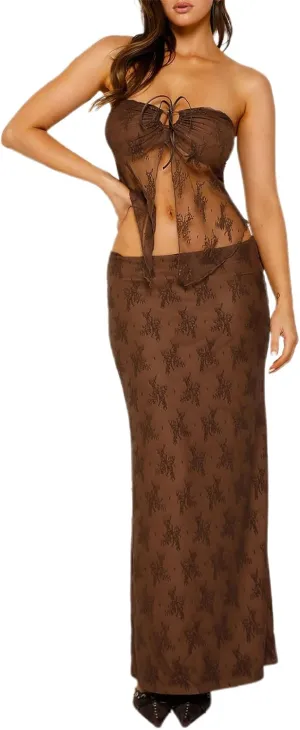 Women 2 Piece Y2k Skirt Set Hollow Tie Front Crop Tops Wrap Maxi Skirt Outfit Summer Party Club Streetwear