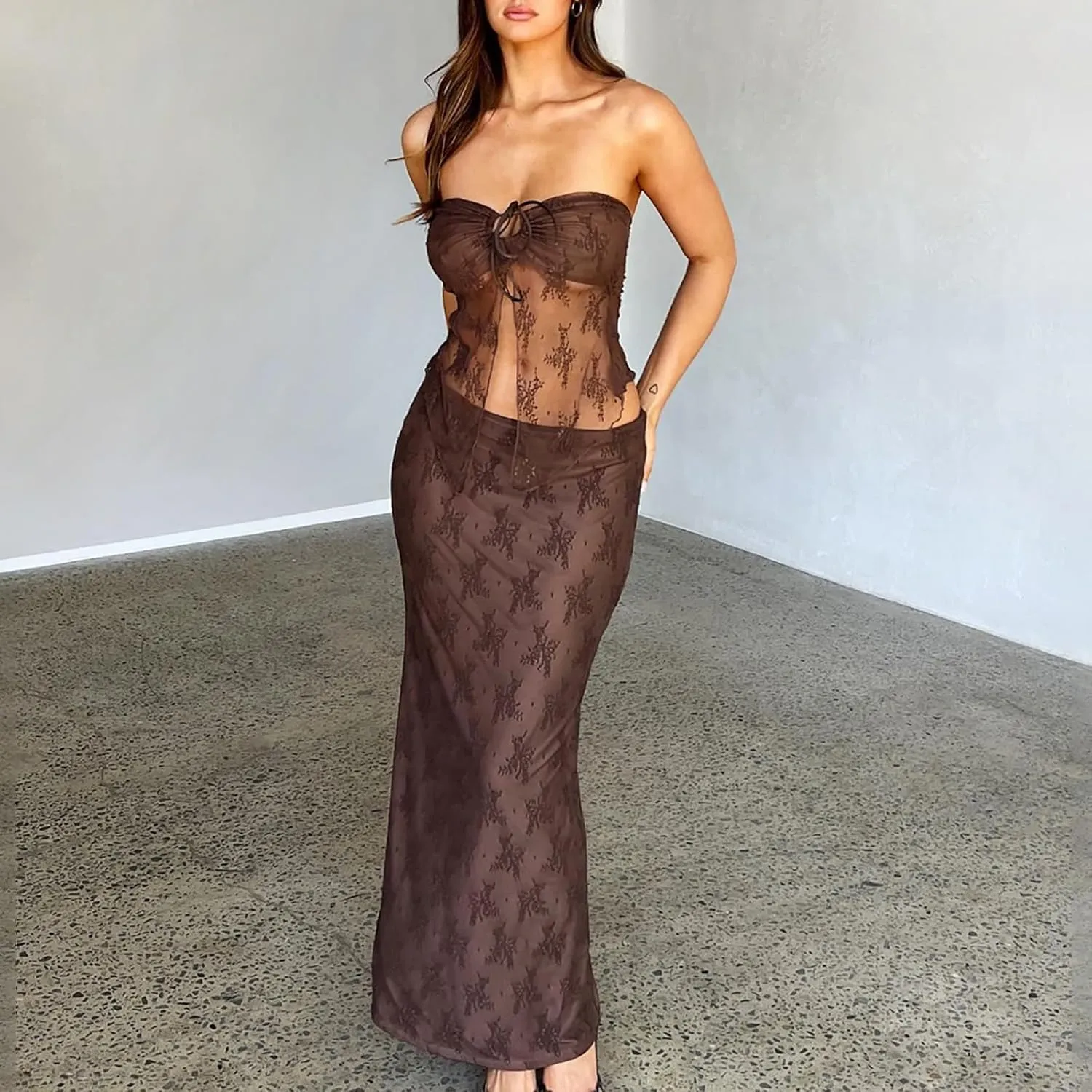 Women 2 Piece Y2k Skirt Set Hollow Tie Front Crop Tops Wrap Maxi Skirt Outfit Summer Party Club Streetwear