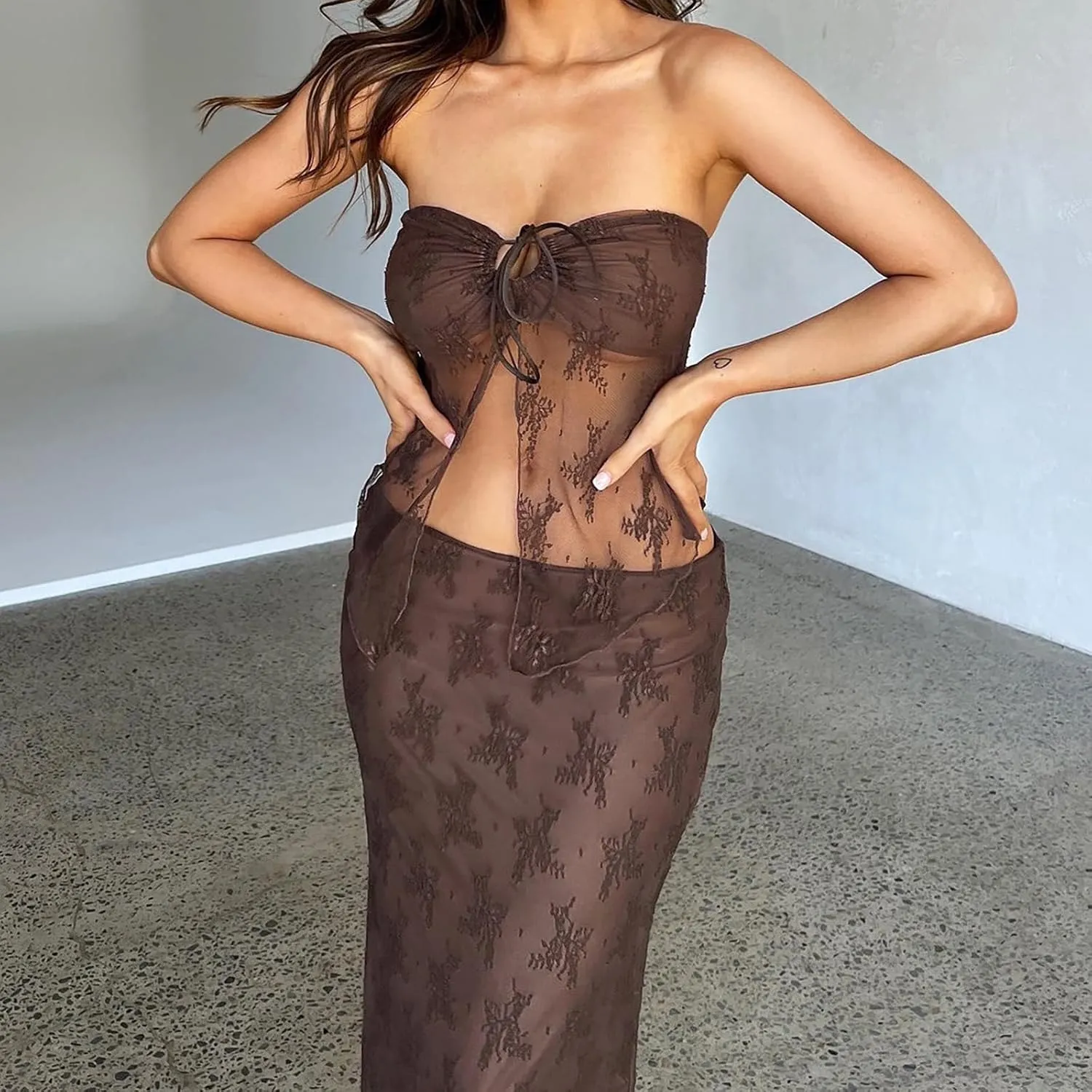 Women 2 Piece Y2k Skirt Set Hollow Tie Front Crop Tops Wrap Maxi Skirt Outfit Summer Party Club Streetwear