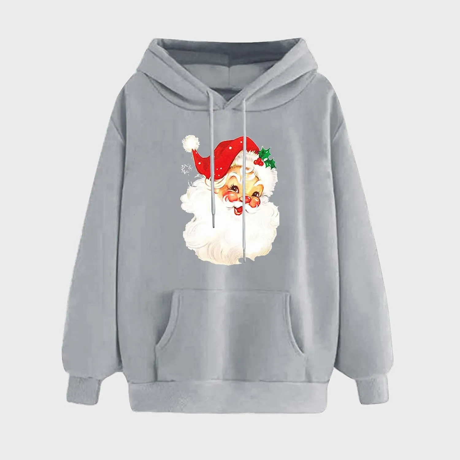 Women Christmas Retro Santa Claus Hooded Sweatshirts Crewneck Long Sleeve Fleece Hoodies Pullover Tops with Pocket