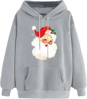Women Christmas Retro Santa Claus Hooded Sweatshirts Crewneck Long Sleeve Fleece Hoodies Pullover Tops with Pocket