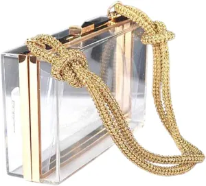 Women Clear Purse Acrylic Box Clutch Transparent Hard Case Handbag with Rhinestone Chain for Evening & Events