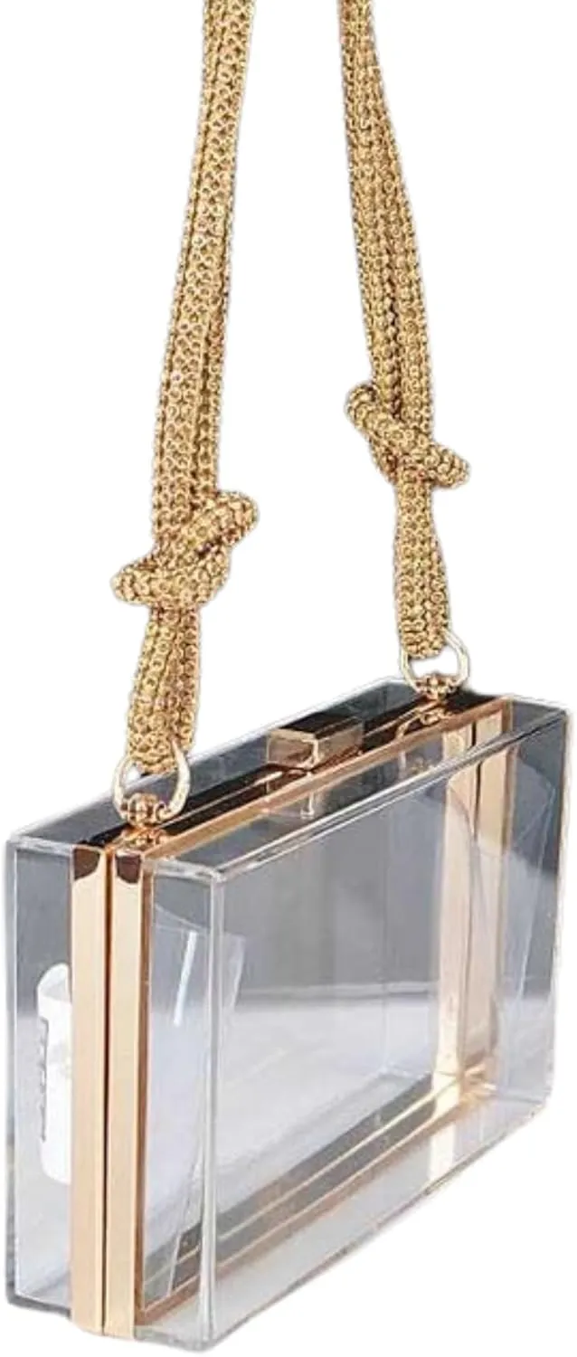 Women Clear Purse Acrylic Box Clutch Transparent Hard Case Handbag with Rhinestone Chain for Evening & Events