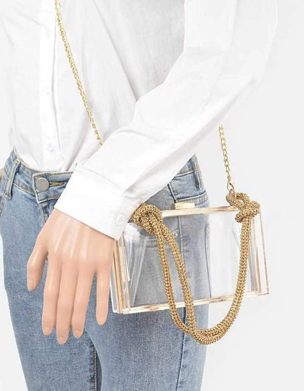 Women Clear Purse Acrylic Box Clutch Transparent Hard Case Handbag with Rhinestone Chain for Evening & Events