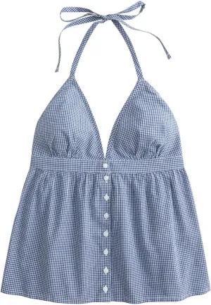 Women Floral Deep V Neck Halter Tops Sleeveless Button Down Backless A Line Camisole Ruffle A Line Babydoll Shirt
