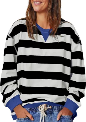 Women Oversized Sweatshirt Long Sleeve Crewneck Color Block Striped Pullover Tops