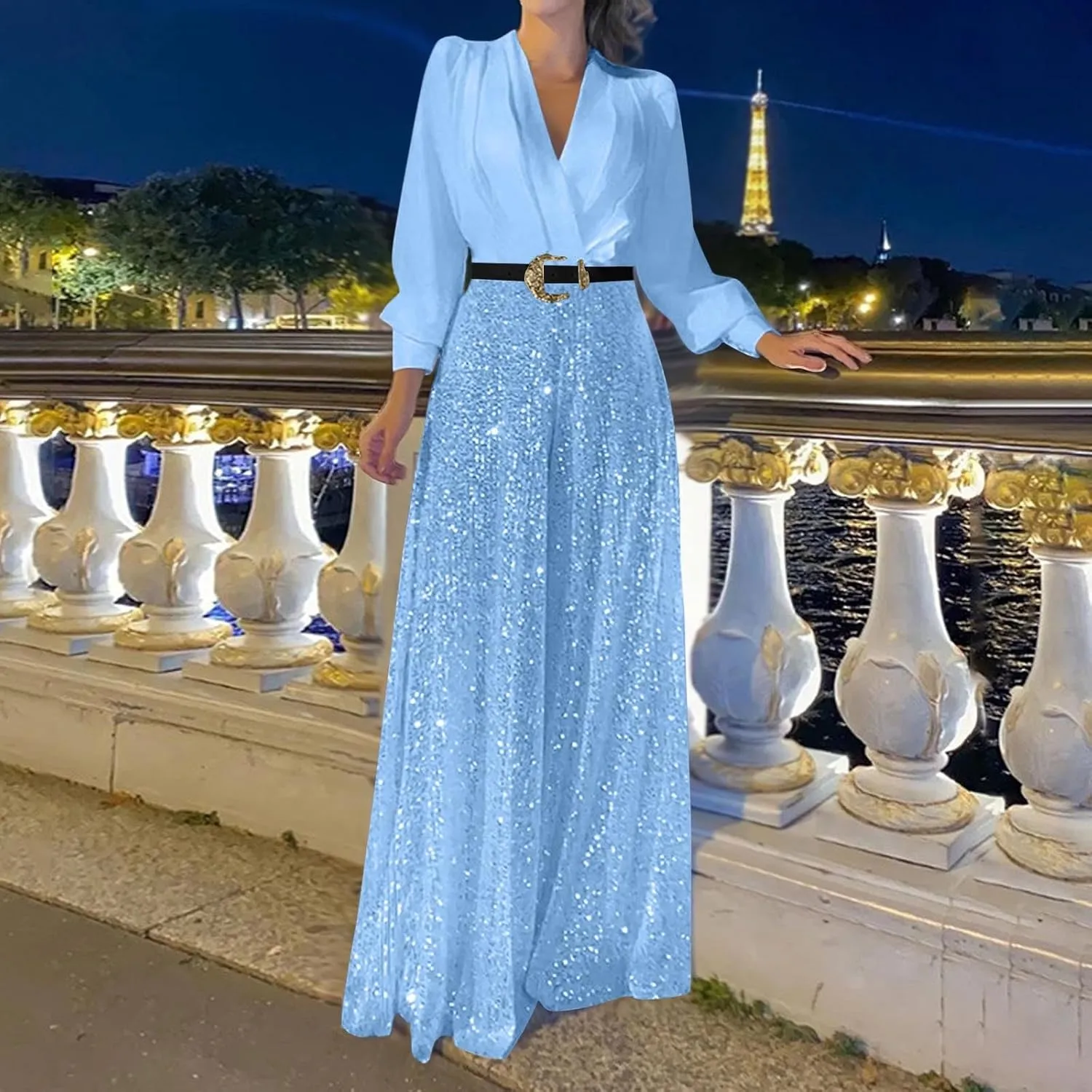 Women Sequins Jumpsuits Clubwear Long Sleeve V-Neck Party Evening Outfit Belted High Waist Wide Leg Trouser Pantsuits