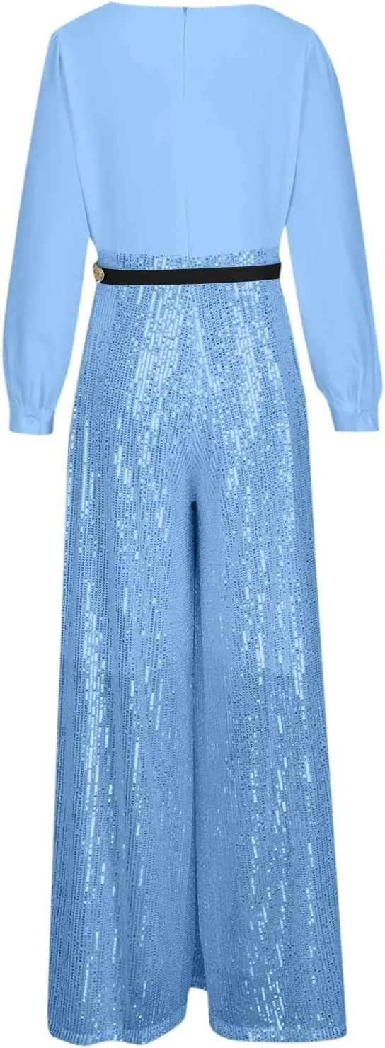 Women Sequins Jumpsuits Clubwear Long Sleeve V-Neck Party Evening Outfit Belted High Waist Wide Leg Trouser Pantsuits