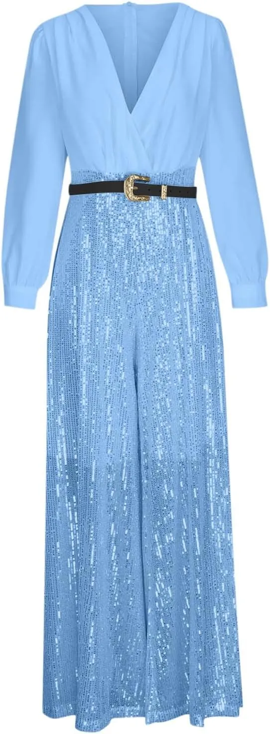 Women Sequins Jumpsuits Clubwear Long Sleeve V-Neck Party Evening Outfit Belted High Waist Wide Leg Trouser Pantsuits