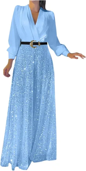 Women Sequins Jumpsuits Clubwear Long Sleeve V-Neck Party Evening Outfit Belted High Waist Wide Leg Trouser Pantsuits