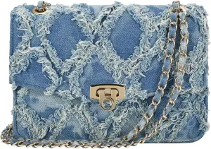 Women Small Shoulder Bags Quilted Crossbody Distressed Jean Denim Purse Evening Bag Clutch Handbag with Chain Strap