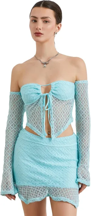 Women Summer 2 Piece Outfits Sleeveless 3D Flower Crop Tank Top High Waist Ruffles Mini Wrapped Skirt Set