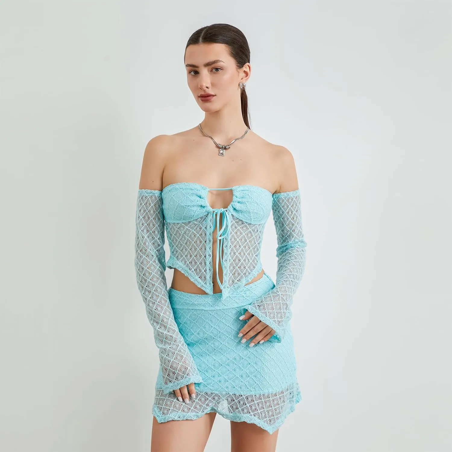 Women Summer 2 Piece Outfits Sleeveless 3D Flower Crop Tank Top High Waist Ruffles Mini Wrapped Skirt Set