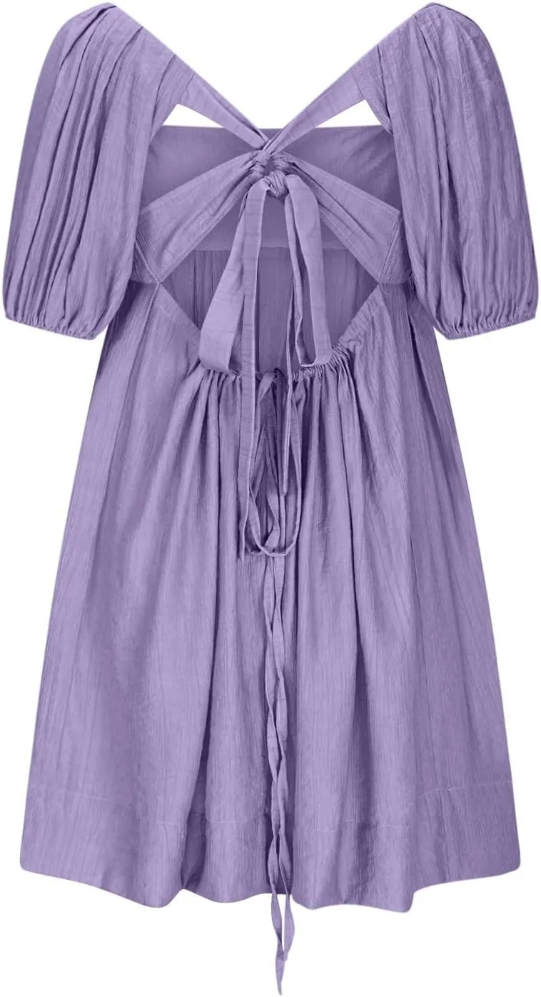 Women Summer Babydoll Dresses Flowy Mini Dress Square Neck Front Pleated Sundresses Back Tie Ruffle Aline Short Dress
