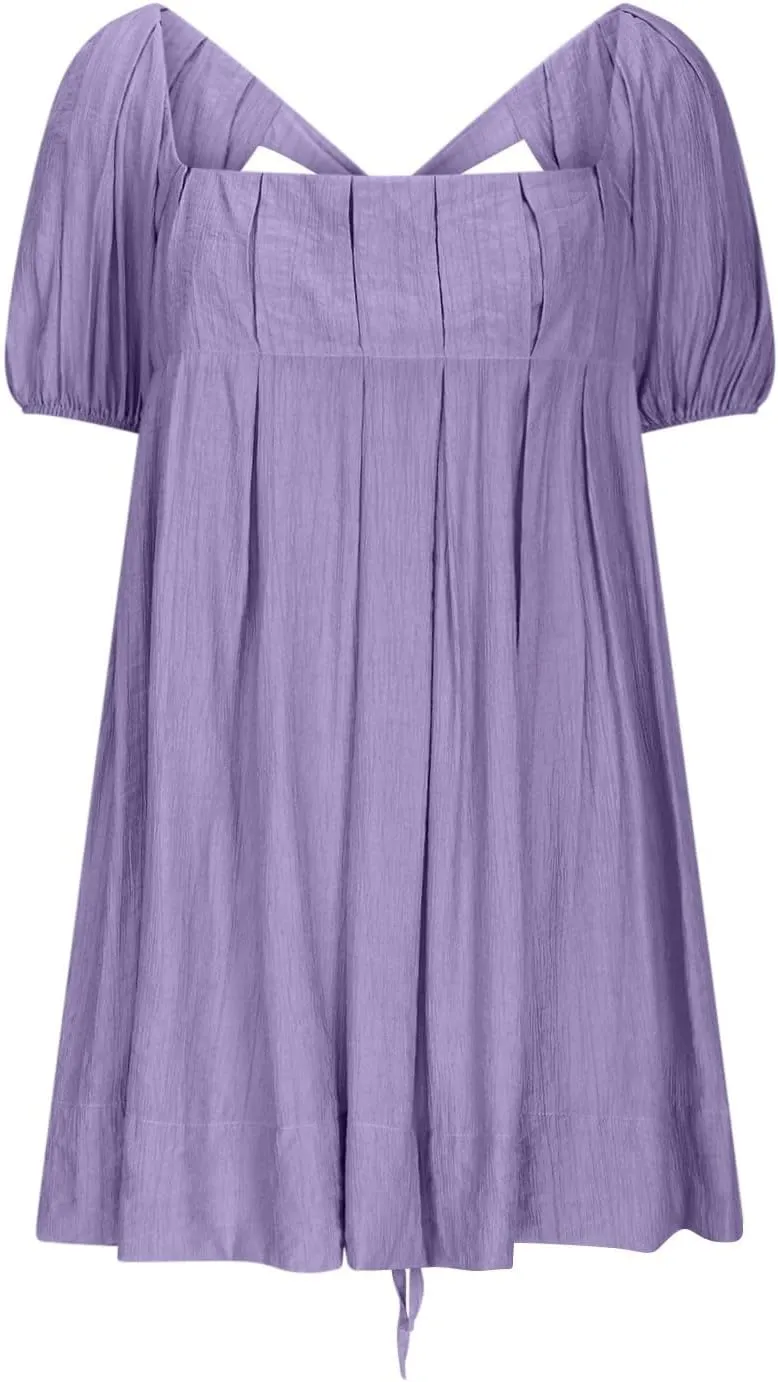 Women Summer Babydoll Dresses Flowy Mini Dress Square Neck Front Pleated Sundresses Back Tie Ruffle Aline Short Dress