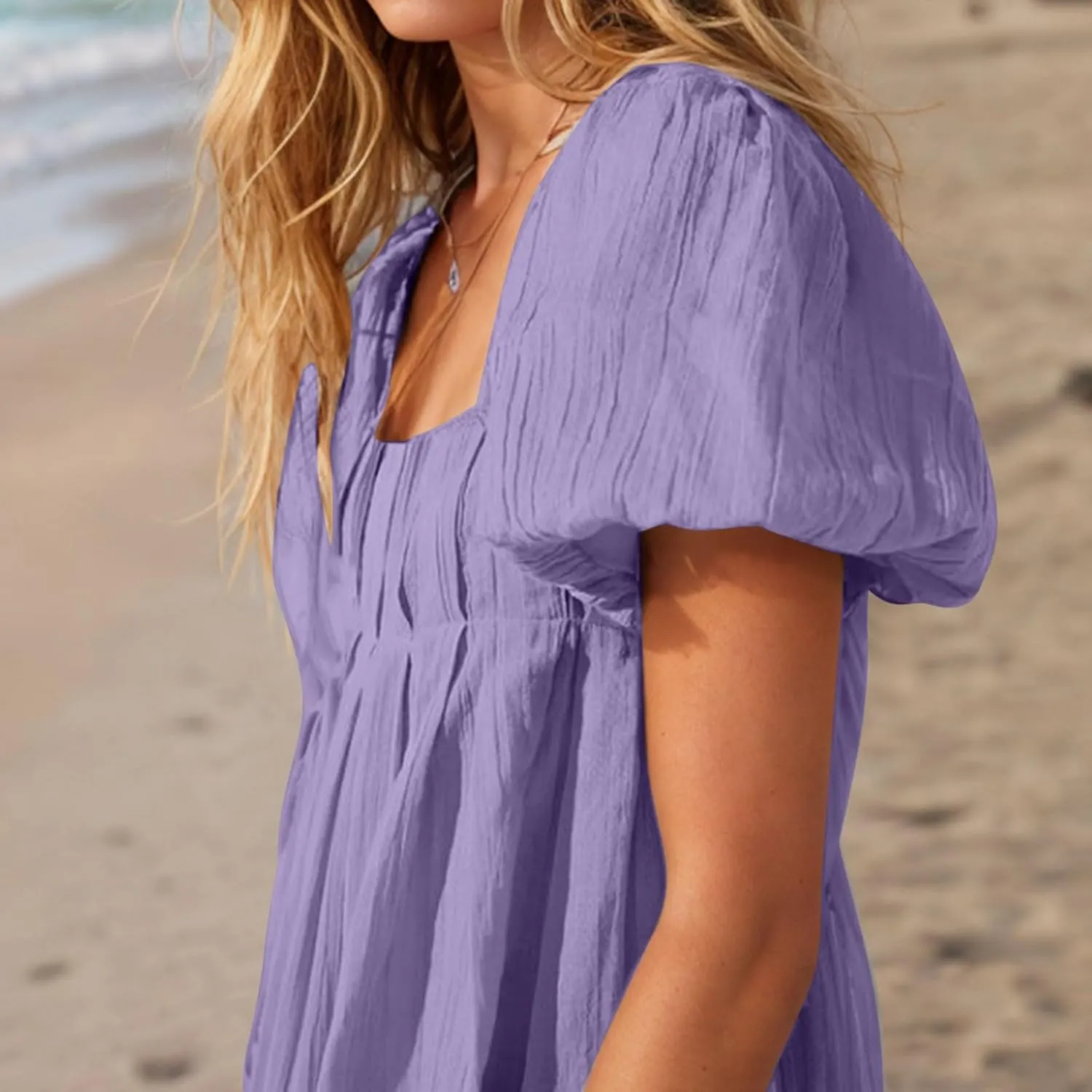 Women Summer Babydoll Dresses Flowy Mini Dress Square Neck Front Pleated Sundresses Back Tie Ruffle Aline Short Dress