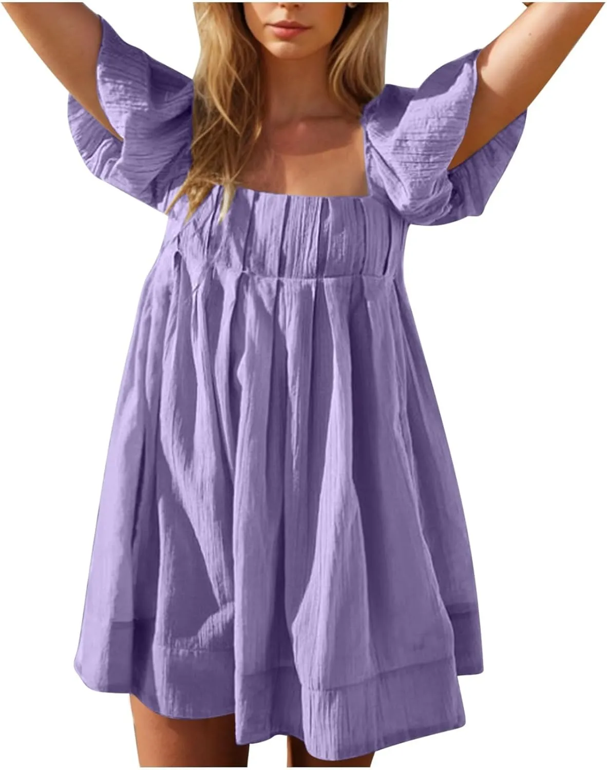 Women Summer Babydoll Dresses Flowy Mini Dress Square Neck Front Pleated Sundresses Back Tie Ruffle Aline Short Dress