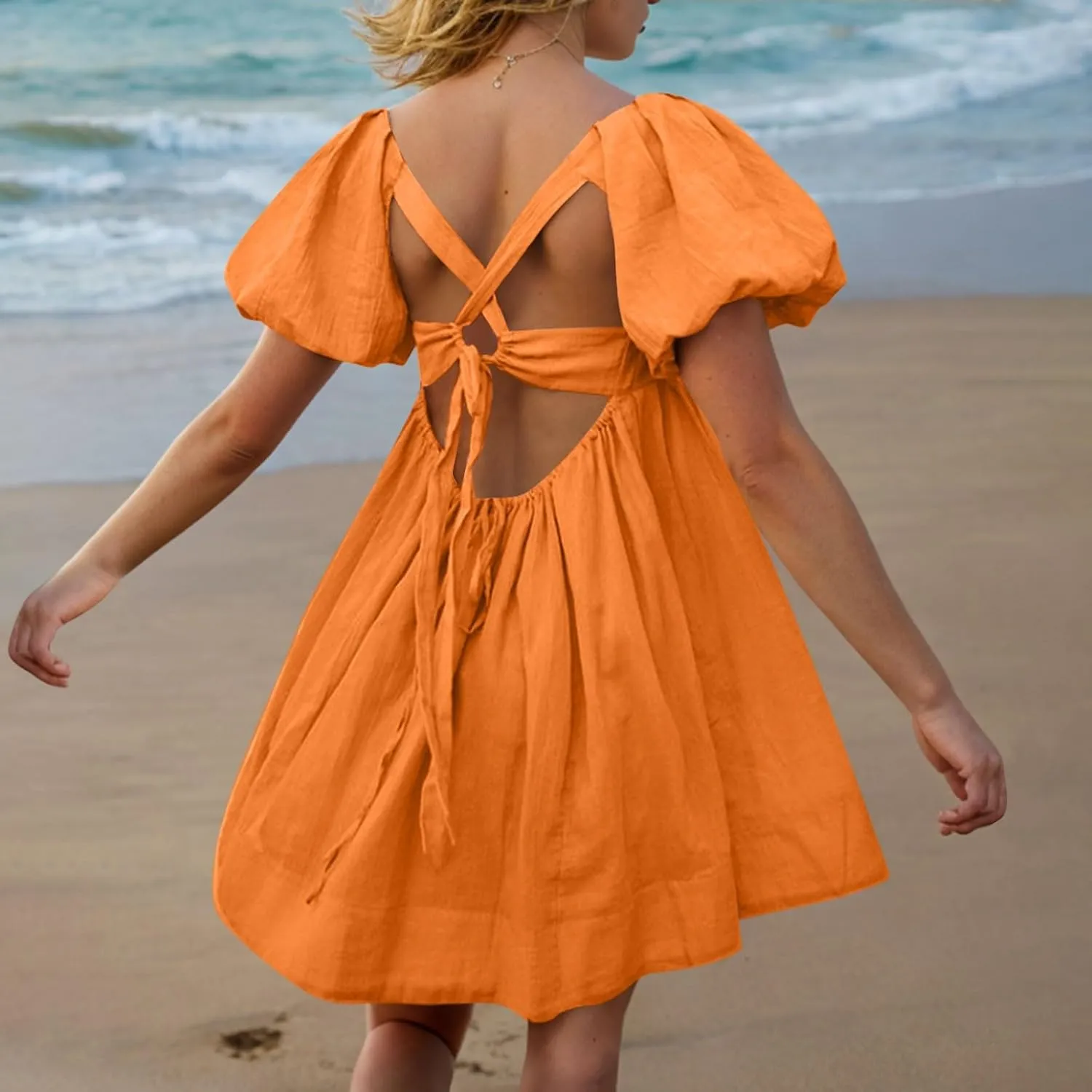 Women Summer Babydoll Dresses Flowy Mini Dress Square Neck Front Pleated Sundresses Back Tie Ruffle Aline Short Dress