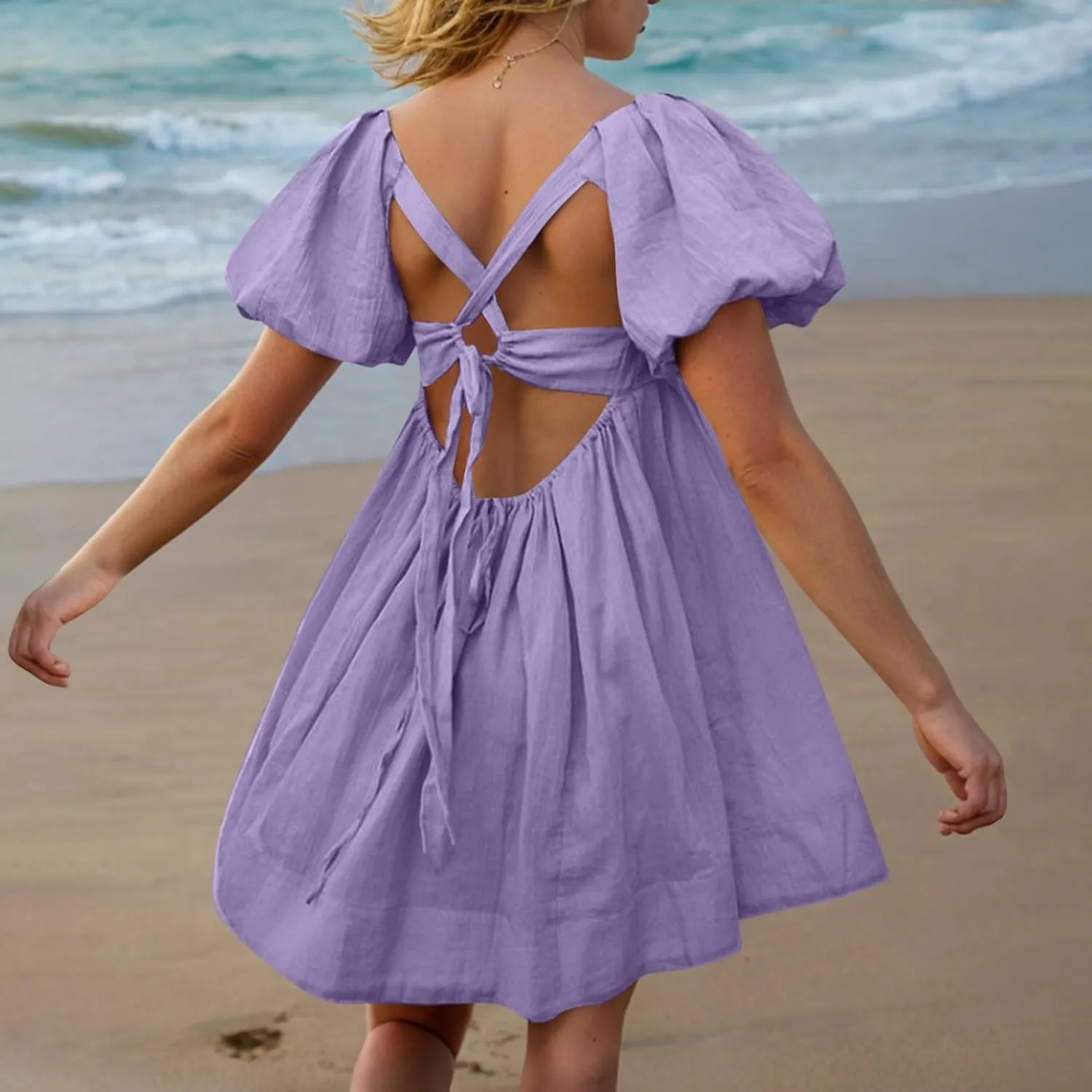 Women Summer Babydoll Dresses Flowy Mini Dress Square Neck Front Pleated Sundresses Back Tie Ruffle Aline Short Dress