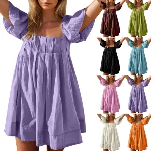 Women Summer Babydoll Dresses Flowy Mini Dress Square Neck Front Pleated Sundresses Back Tie Ruffle Aline Short Dress