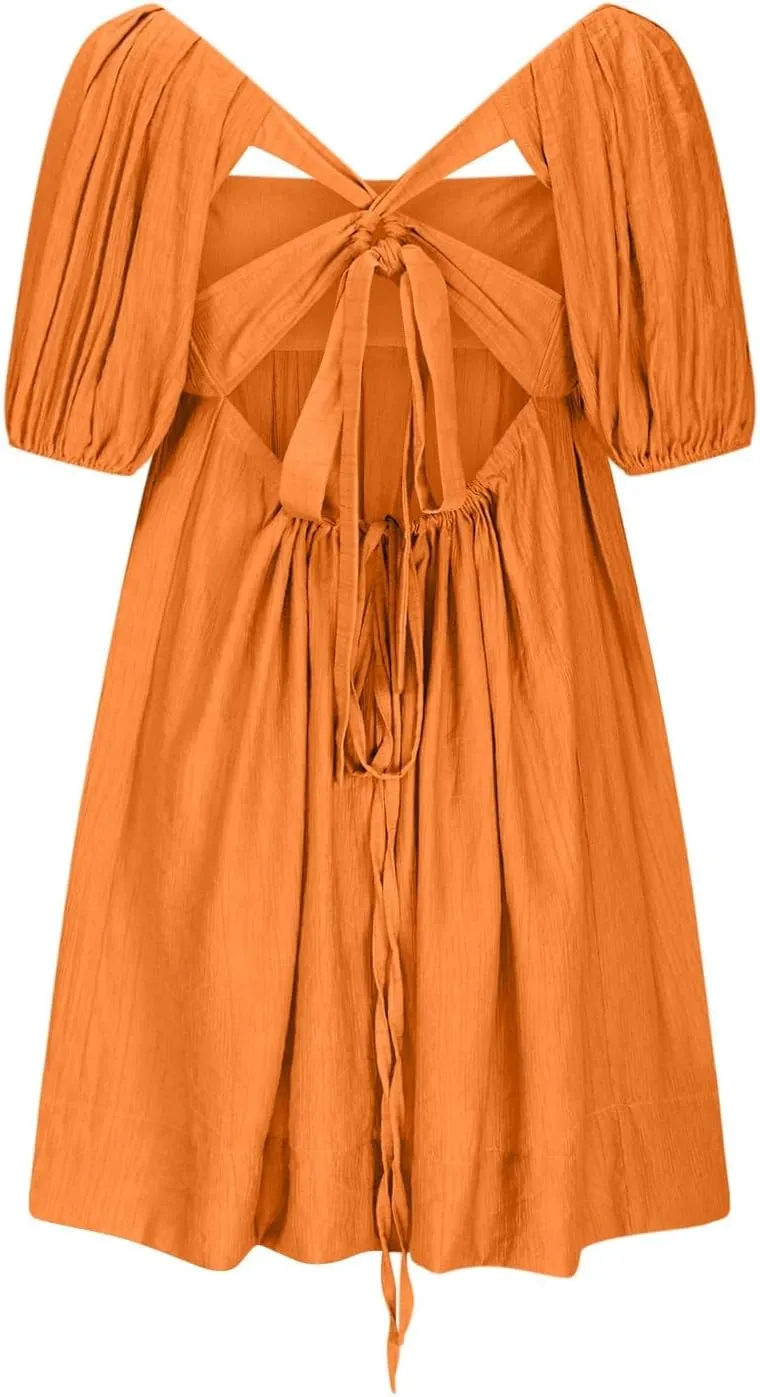 Women Summer Babydoll Dresses Flowy Mini Dress Square Neck Front Pleated Sundresses Back Tie Ruffle Aline Short Dress