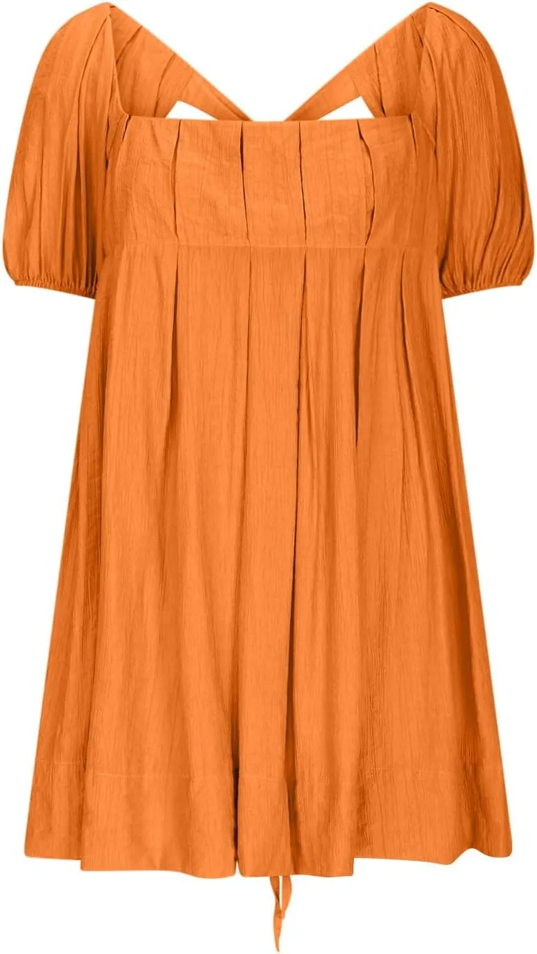 Women Summer Babydoll Dresses Flowy Mini Dress Square Neck Front Pleated Sundresses Back Tie Ruffle Aline Short Dress