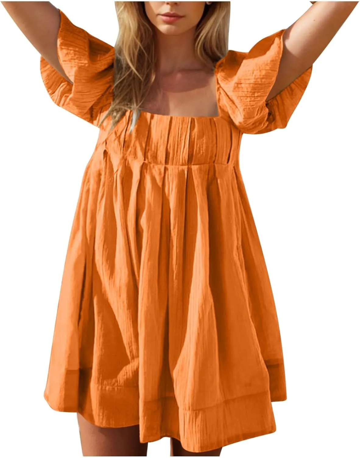 Women Summer Babydoll Dresses Flowy Mini Dress Square Neck Front Pleated Sundresses Back Tie Ruffle Aline Short Dress
