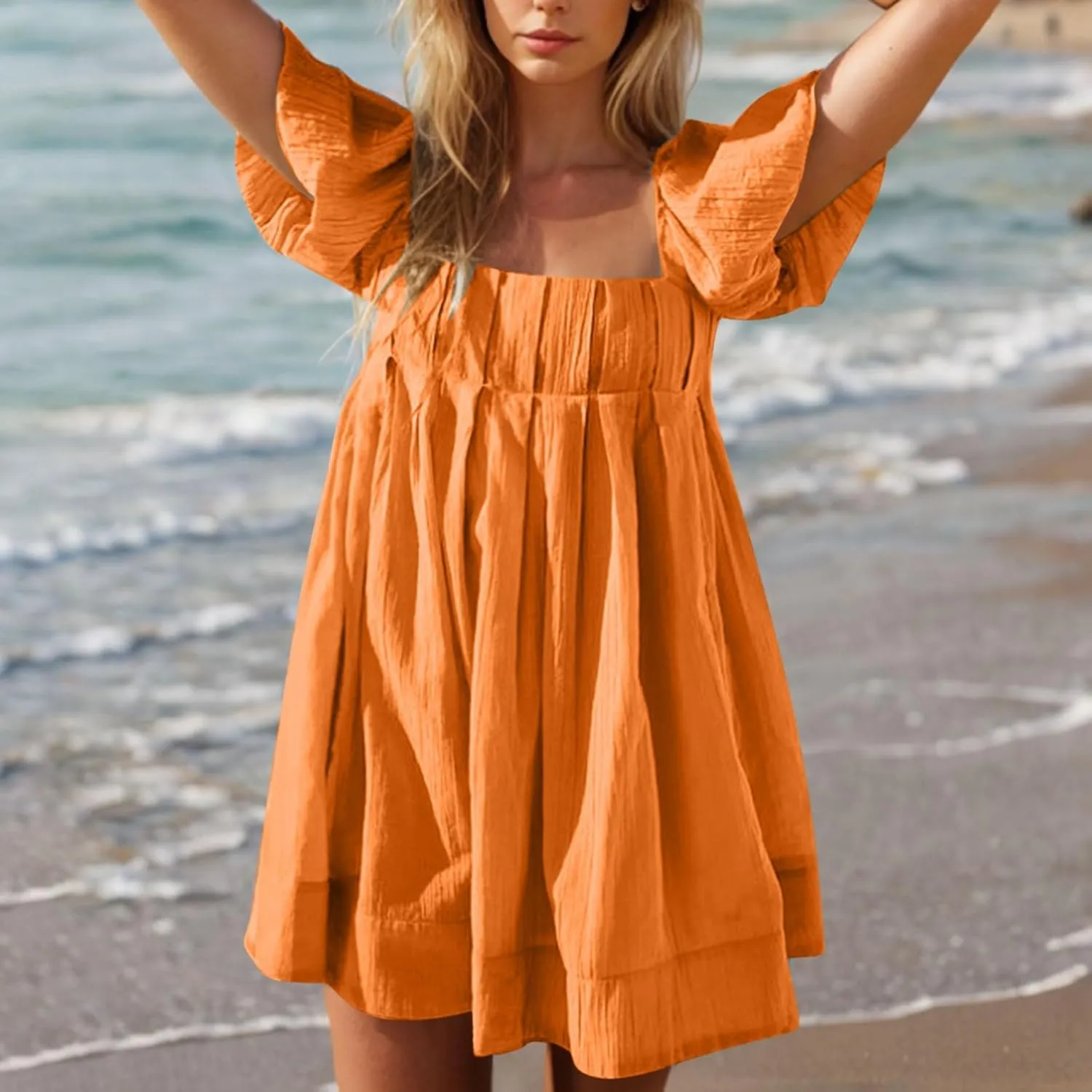 Women Summer Babydoll Dresses Flowy Mini Dress Square Neck Front Pleated Sundresses Back Tie Ruffle Aline Short Dress