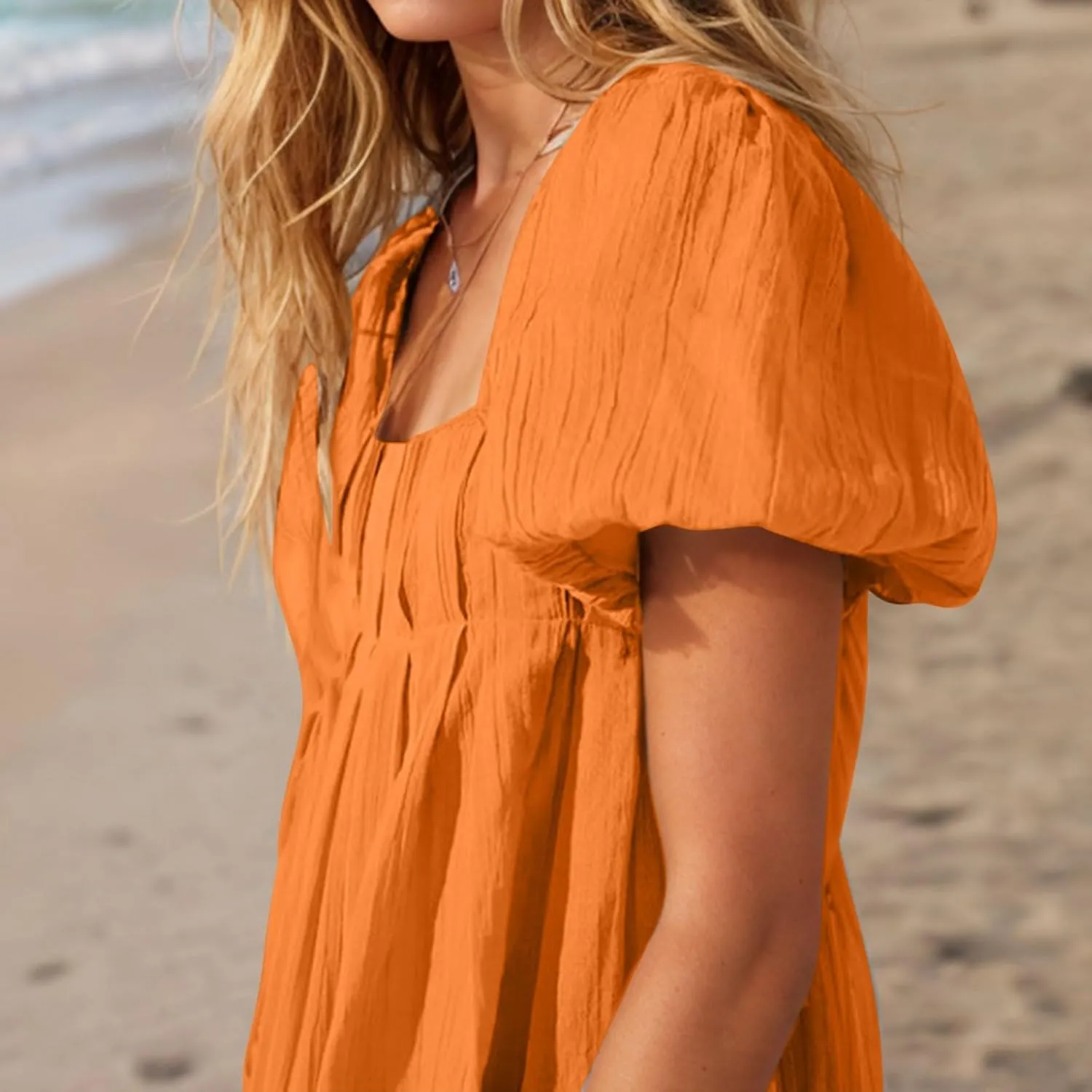 Women Summer Babydoll Dresses Flowy Mini Dress Square Neck Front Pleated Sundresses Back Tie Ruffle Aline Short Dress