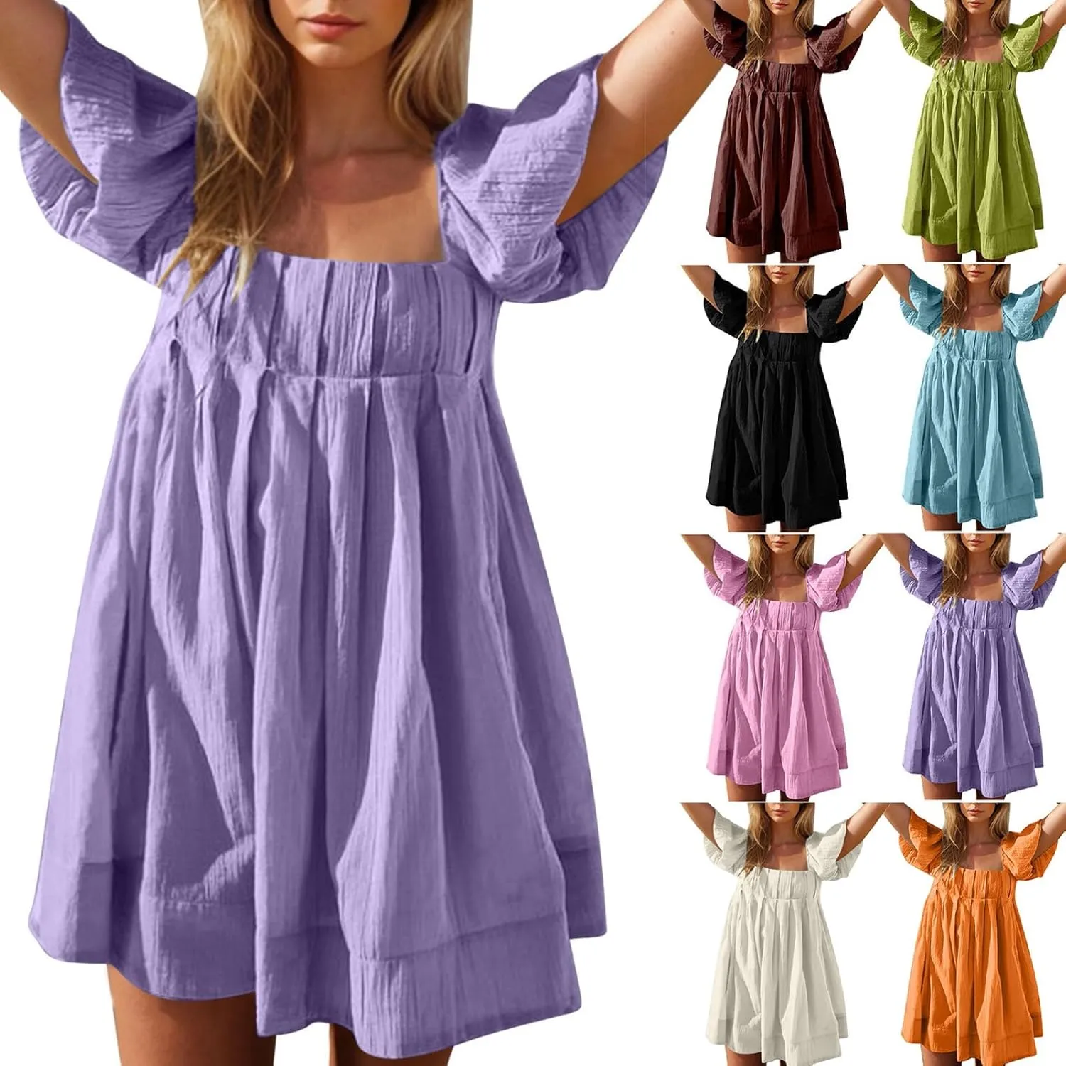 Women Summer Babydoll Dresses Flowy Mini Dress Square Neck Front Pleated Sundresses Back Tie Ruffle Aline Short Dress