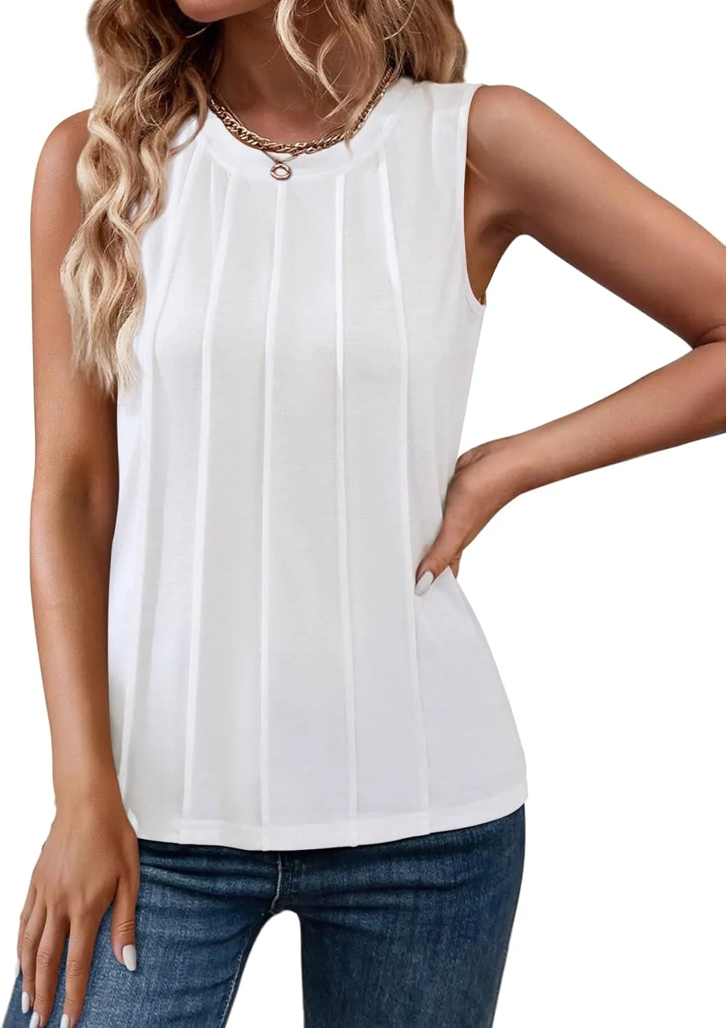 Women Summer Pleated Tank Tops 2025 Trendy Sleeveless Crewneck Tops Loose fit Dressy Casual Work Shirts
