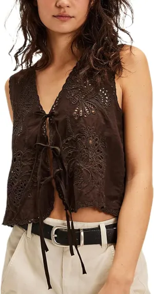 Women Tie Front Vest Floral Eyelet Embroidered Tank Y2K Sleeveless V Neck Crop Shirt Top Cute Going Out Tops