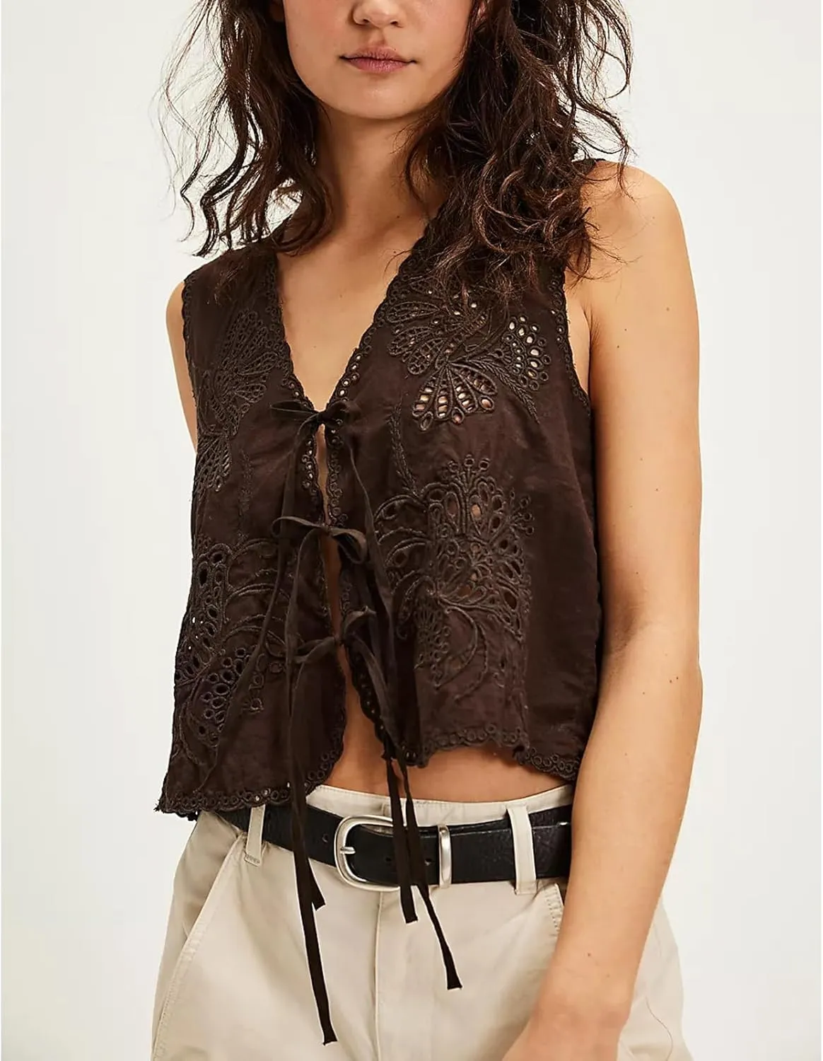 Women Tie Front Vest Floral Eyelet Embroidered Tank Y2K Sleeveless V Neck Crop Shirt Top Cute Going Out Tops