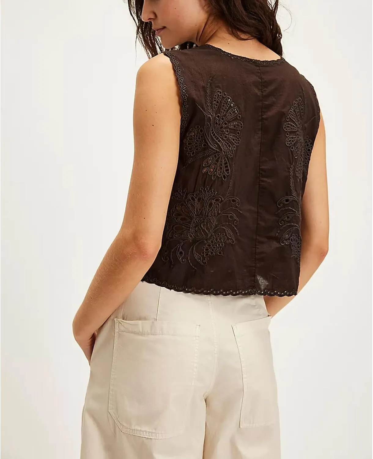 Women Tie Front Vest Floral Eyelet Embroidered Tank Y2K Sleeveless V Neck Crop Shirt Top Cute Going Out Tops