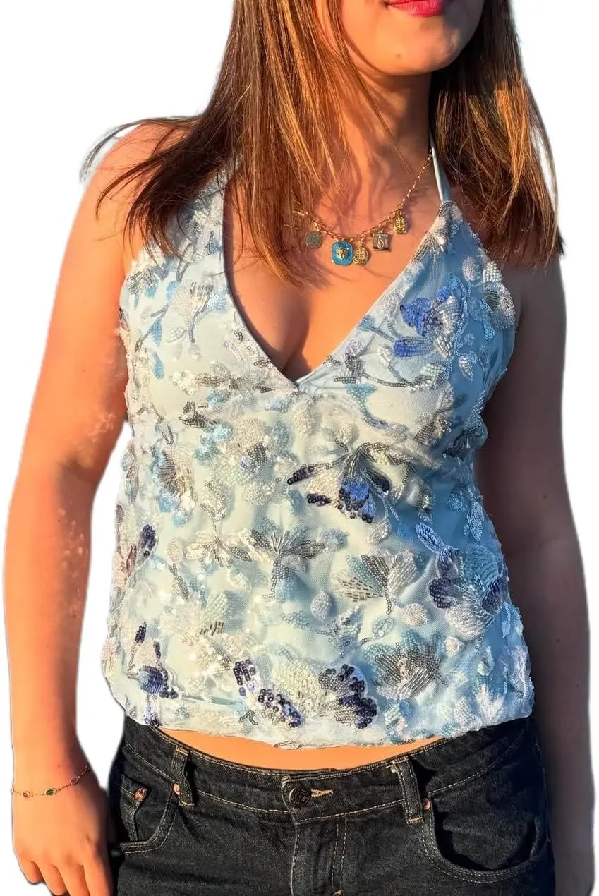 Women Y2k Glitter Sequin Cami Top Spaghetti Strap Backless Sparkle Camisole Sexy V Neck Going Out Tops Clubwear