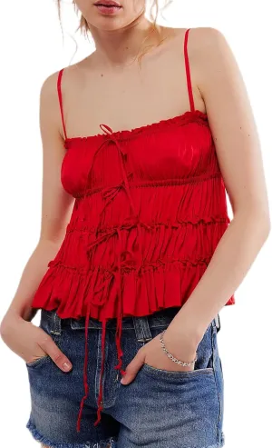 Women Y2k Tie Front Crop Tops Spaghetti Strap Square Neck Babydoll Camisole Summer Smocked Ruffle Tank Tops