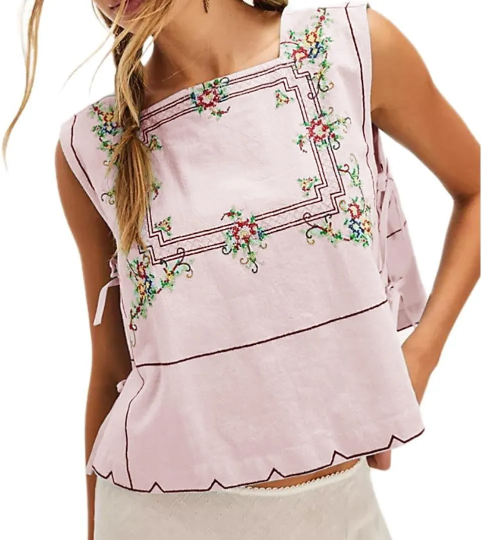 Women Y2K Tie Side Tank Tops Sleeveless Embroidery Floral Printed Cropped Tops People Dupes Summer Going Out Vest