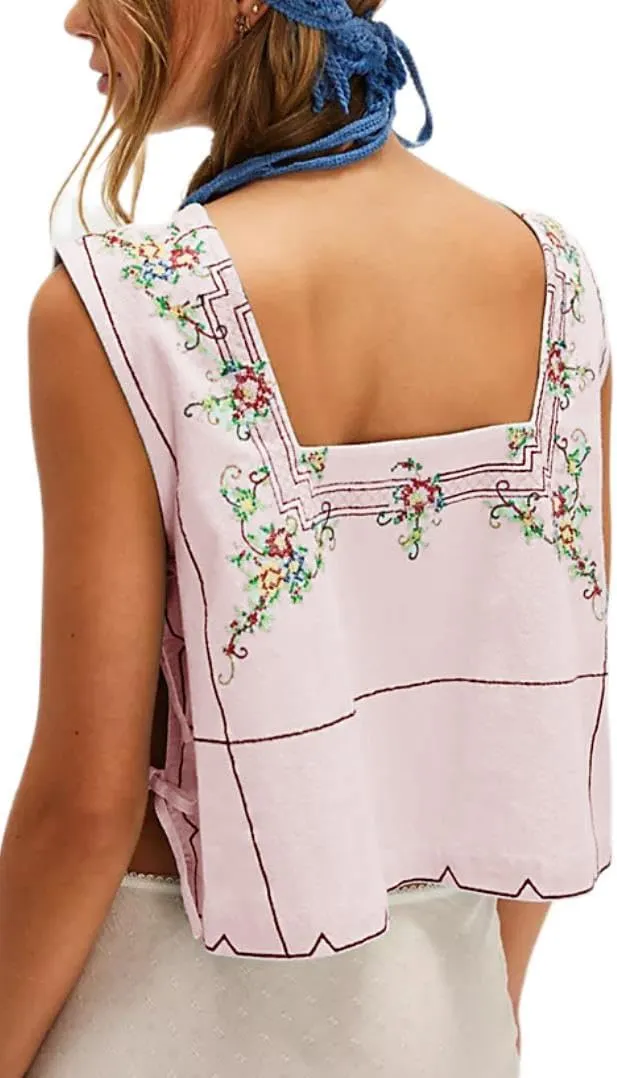 Women Y2K Tie Side Tank Tops Sleeveless Embroidery Floral Printed Cropped Tops People Dupes Summer Going Out Vest