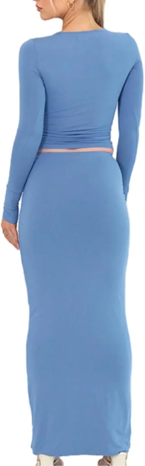 Womens 2 Piece Outfits Y2K Skirt Sets Long Sleeve Crop Tops Bodycon Maxi Skirts Fall Set Suits Streetwear