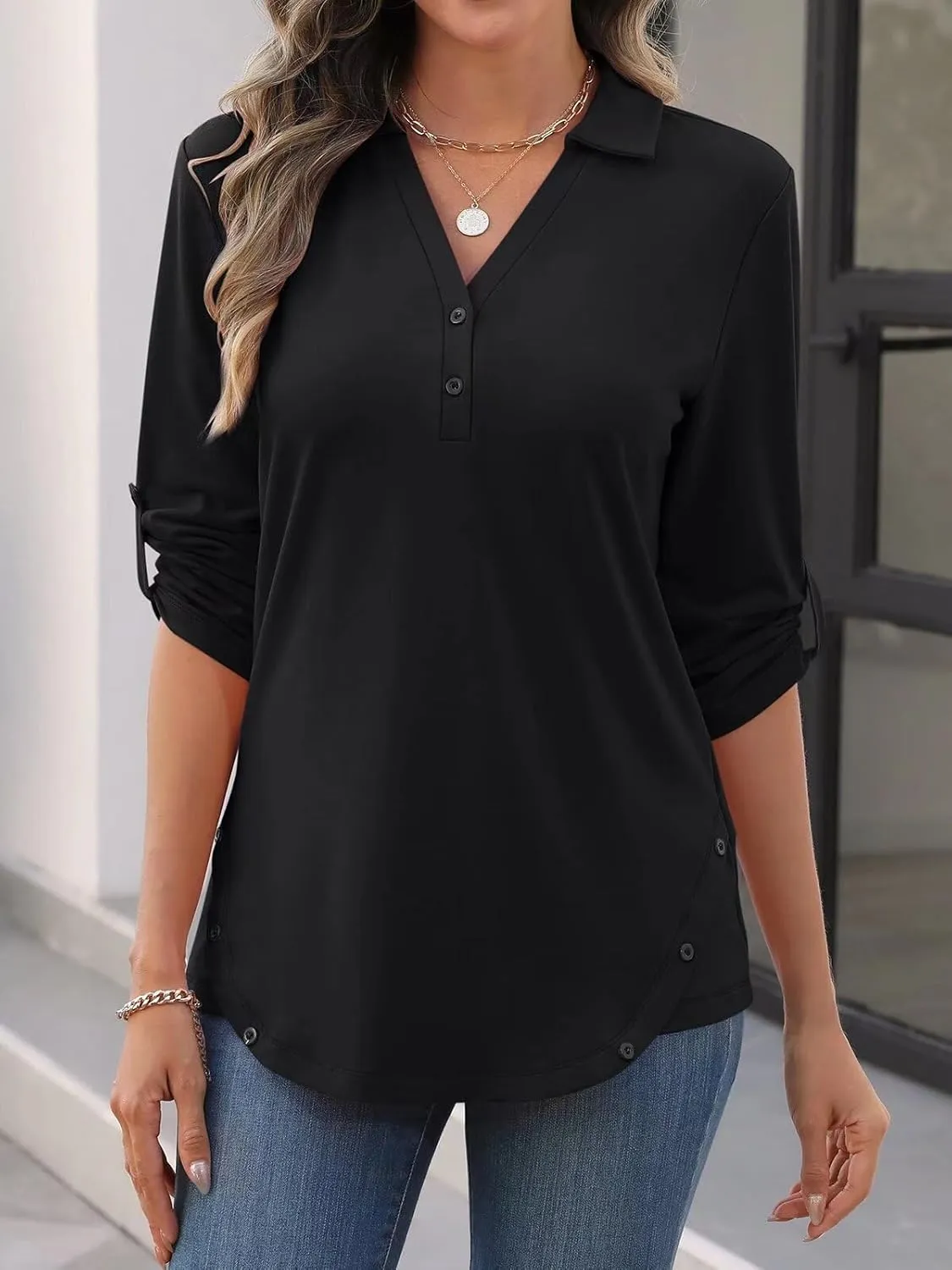 Women's 3/4 Length Rolled Sleeve Tunic Tops Collared V Neck T Shirts Both Side Buttons Blouses
