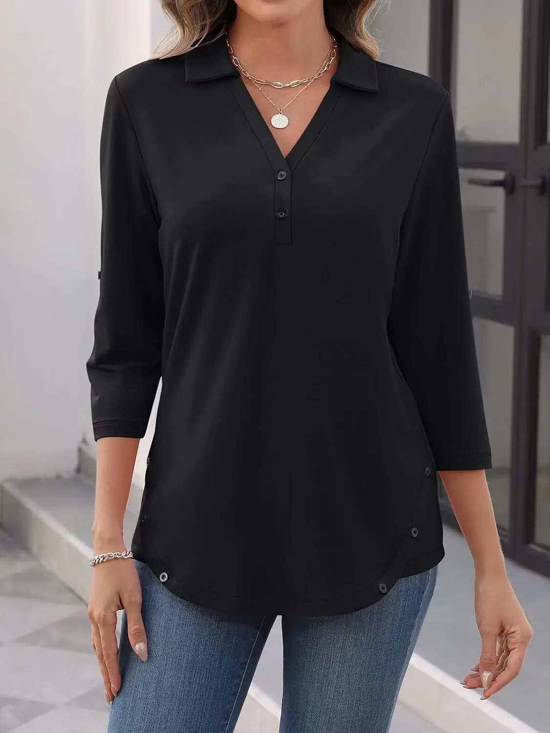 Women's 3/4 Length Rolled Sleeve Tunic Tops Collared V Neck T Shirts Both Side Buttons Blouses