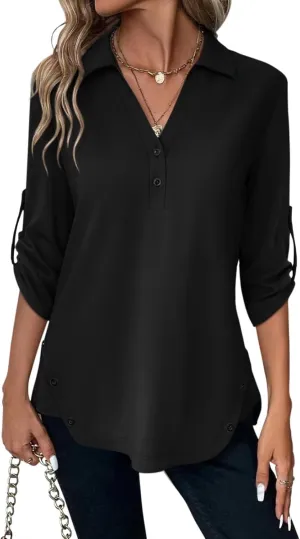 Women's 3/4 Length Rolled Sleeve Tunic Tops Collared V Neck T Shirts Both Side Buttons Blouses