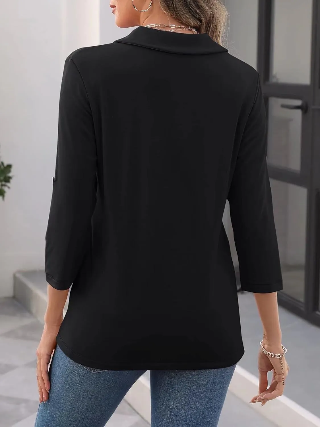Women's 3/4 Length Rolled Sleeve Tunic Tops Collared V Neck T Shirts Both Side Buttons Blouses