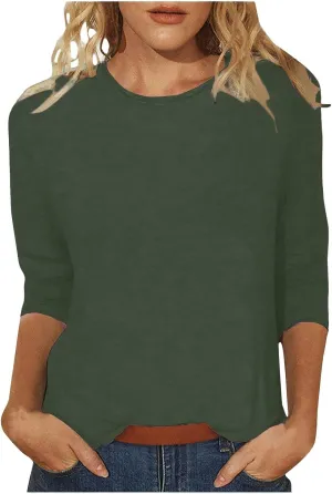Womens 3/4 Length Sleeve Tops Solid Color Dressy Blouses Trendy Casual Crew Neck T Shirt
