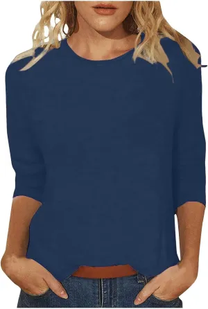 Womens 3/4 Length Sleeve Tops Solid Color Dressy Blouses Trendy Casual Crew Neck T Shirt