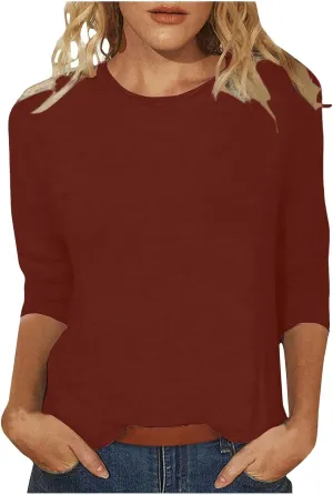 Womens 3/4 Length Sleeve Tops Solid Color Dressy Blouses Trendy Casual Crew Neck T Shirt