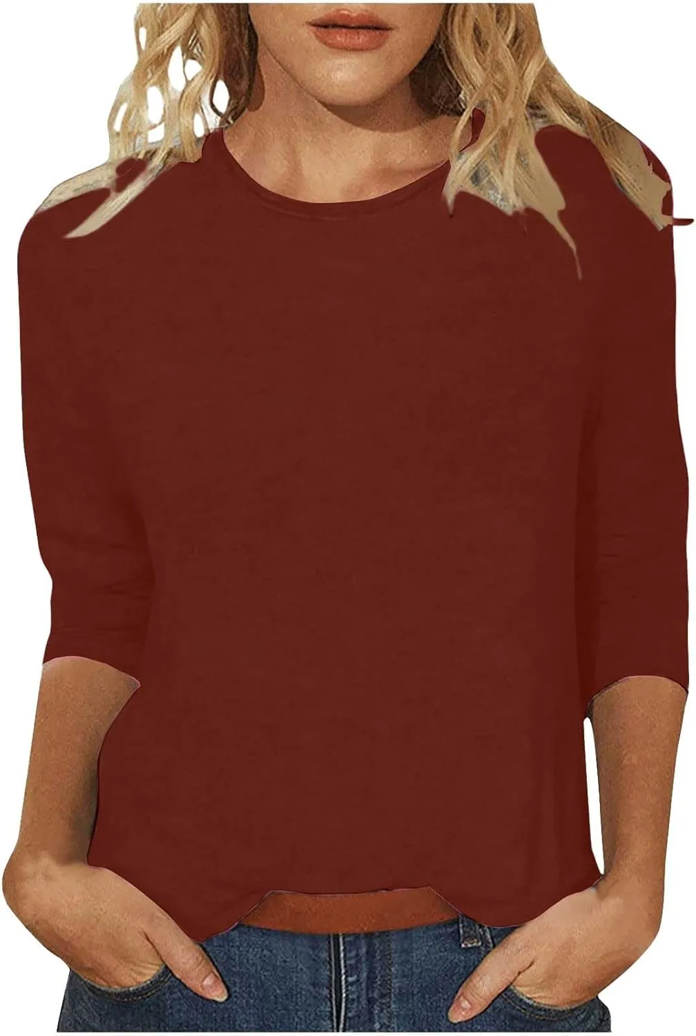 Womens 3/4 Length Sleeve Tops Solid Color Dressy Blouses Trendy Casual Crew Neck T Shirt