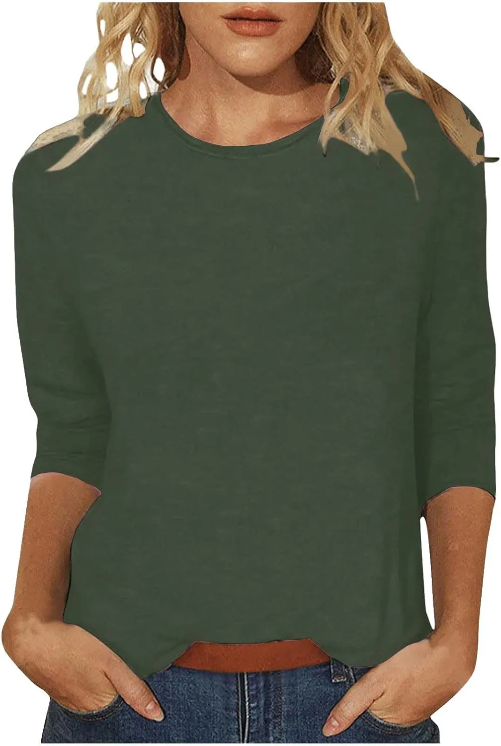 Womens 3/4 Length Sleeve Tops Solid Color Dressy Blouses Trendy Casual Crew Neck T Shirt