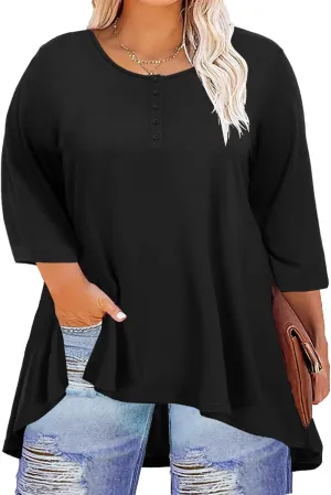 Women's 3/4 Sleeve Plus Size Top Work Business Casual Tunic Shirts Henley Button up Blouses