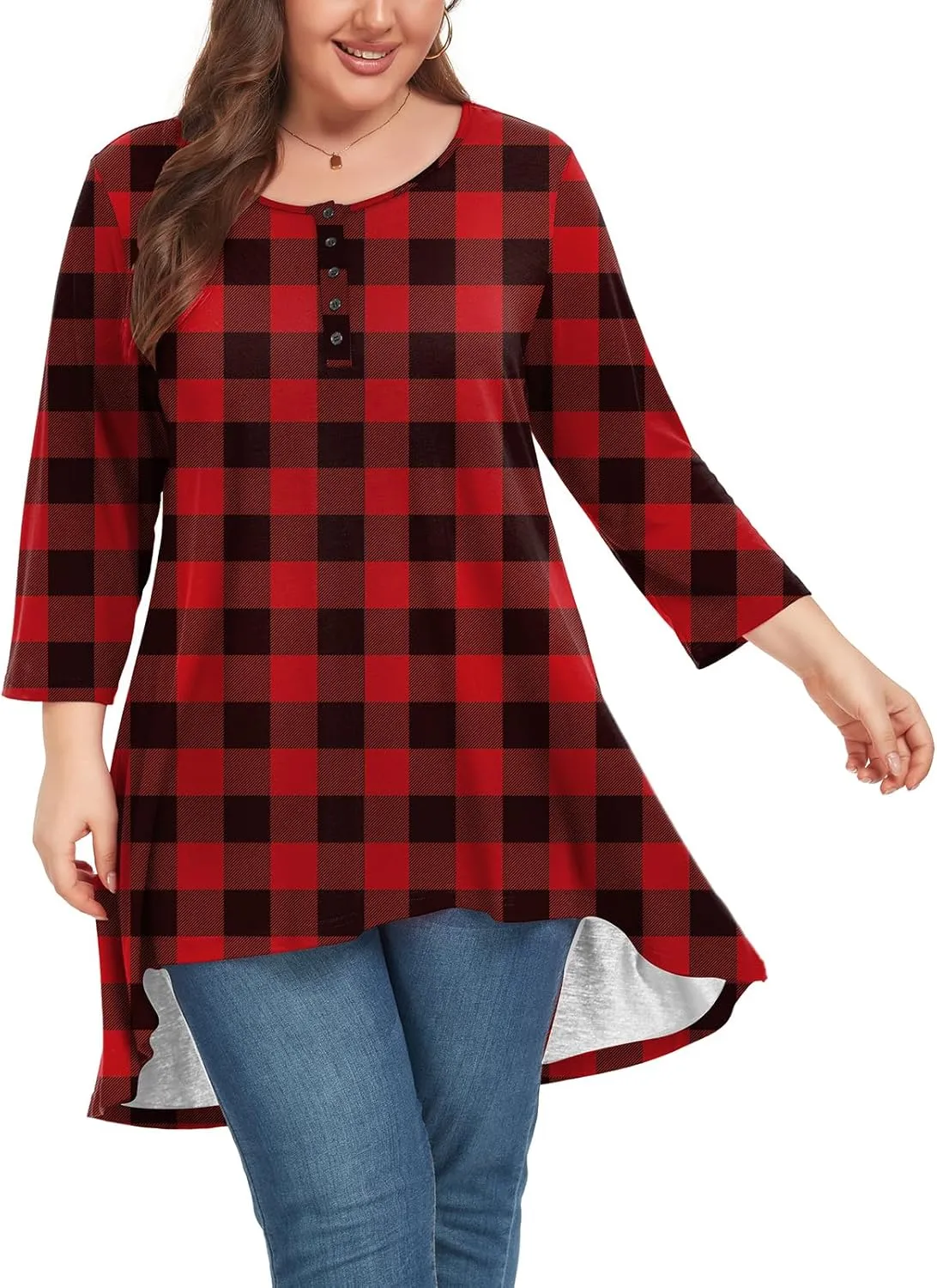 Women's 3/4 Sleeve Plus Size Top Work Business Casual Tunic Shirts Henley Button up Blouses